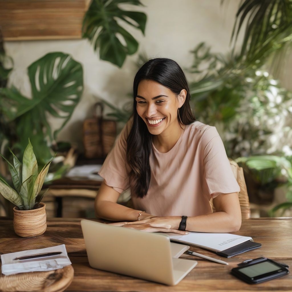 Woman Researching Travel Destinations on Laptop